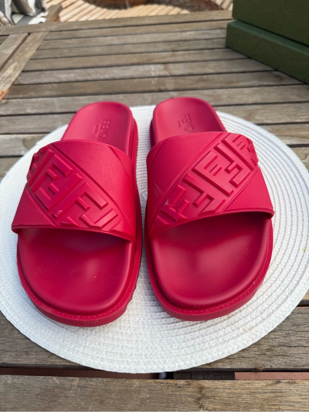 Fendi Red Embossed Logo Slide Sandals